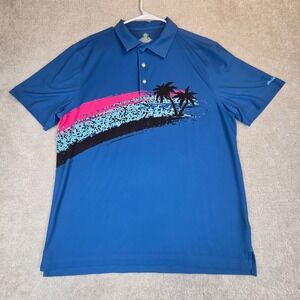 Chubbies Mens Blue Performance Polo Shirt Large‎ Tropical Palm Tree Graphic Golf